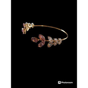 Pink Flower Rhinestone, Gold Bangle Bracelet